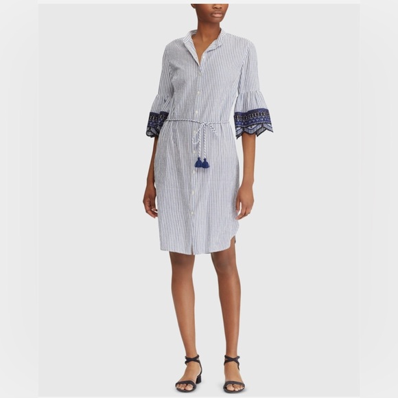 Ralph Lauren Blue and White Striped Dress with Navy Lace - Picture 2 of 7